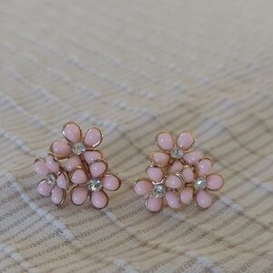 Pink Floral Cluster Stud Earrings with Gold-Tone Trim